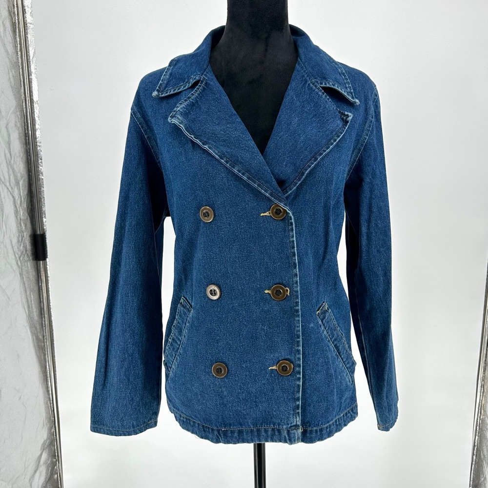 Vintage Casual Corner Denim Double Breasted Cropped Trench Coat Jacket Chore L